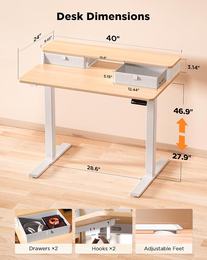 FiCiHi 40x24 Inch Standing Desk with Drawers, C-Clamp Mount Compatible, Electric Adjustable Height Computer Small Stand Up Desks, Home Office Sit Stand Table with 3 Preset Heights, Maple