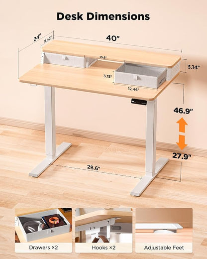 FiCiHi 40x24 Inch Standing Desk with Drawers, C-Clamp Mount Compatible, Electric Adjustable Height Computer Small Stand Up Desks, Home Office Sit Stand Table with 3 Preset Heights, Maple