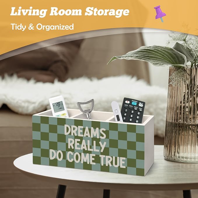 Inspirational Pen Holder Organizer for Desk Accessories, Motivational Gifts for Women, Dreams Really Do Come True Retro Green Checkered Wooden Box Sign Desk Decorations for Home Office Decor