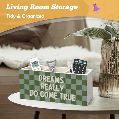 Inspirational Pen Holder Organizer for Desk Accessories, Motivational Gifts for Women, Dreams Really Do Come True Retro Green Checkered Wooden Box Sign Desk Decorations for Home Office Decor