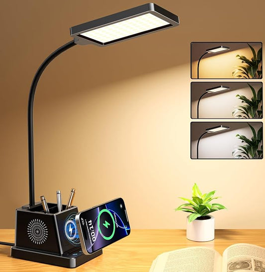 cozoo LED Desk Lamp for Home Office, Desk Light with 15W Wireless Charger Pen Holder, 12 Lighting Modes Desk Lamp for Bedroom, Small Table Lamp for College Dorm, Study, Craft, Nail, Black
