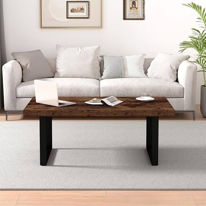 IBF Rustic Coffee Table, Industrial Simple Wooden Living Room Table, Modern Minimalist Farmhouse Rectangle Center Table, Wood and Metal Vintage Tea Coffee Table for Home Bedroom, Rustic Brown, 39 Inch