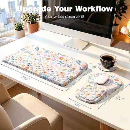 Ospelelf Keyboard Wrist Rest and Mouse Pad Set, Ergonomic Memory Foam Wrist Support, Aesthetic Desk Accessories for Office, Home & Gaming, Relief for Carpal Tunnel & Wrist Pain,Floral Cat