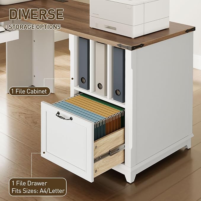 RALGEND 2 Pack Farmhouse 69" Executive L Shaped Desk with Drawer, Home Office Desk with Charging Station, Corner Computer Desk with Monitor Stand,Drawer, Storage Cabinet, White and Walnut