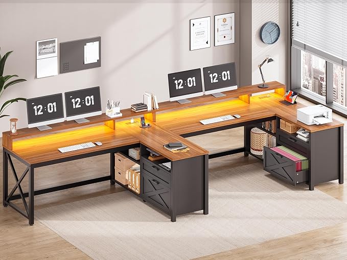 SEDETA L Shaped Gaming Desk with Drawers, 55" Farmhouse Computer Desk with File Drawer and Storage Shelves, Corner Gaming Desk with LED Lights and Monitor Shelf, Black and Brown