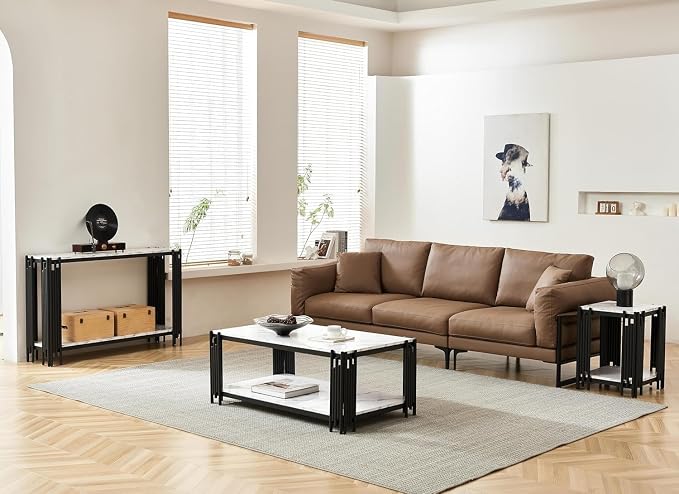 White Marble Coffee Table Set - 3 Piece Living Room Set with Black Chrome Metal I-Base