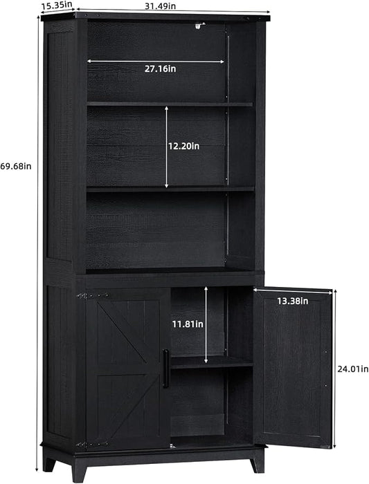 Joaxswe 70in Tall Bookshelf 5 Tier Bookcase with Barn Doors and Adjustable Shelves, Black Farmhouse Book Shelf with Storage Cabinet, Wood Freestanding Display Bookshelves for Bedroom, Kitchen (2PCS)