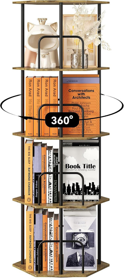 SUNMORY 4 Tier Rotating Bookshelf Tower, Revolving 360 ° Spinning Bookcase, Hexagonal Corner Book Shelf Storage Carousel, Vertical Rotate Turning Organizer Book Shelves for Living Room Office Bedroom