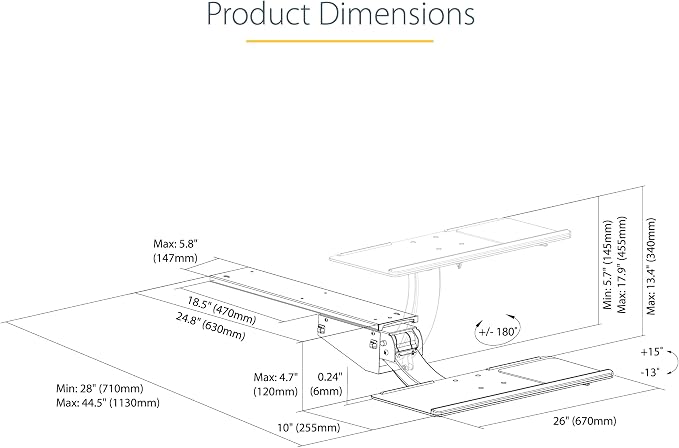 StarTech.com Under Desk Keyboard Tray - Full Motion & Height Adjustable Keyboard and Mouse Tray, 10"x26" Platform - Ergonomic Desk Mount Computer Keyboard Tray with Mouse Pad & Wrist Rest (KBTRAYADJ2)