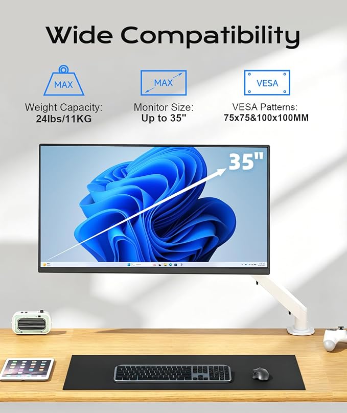 Pholiten Single Monitor Mount, Fully Adjustable Gas Spring Single Monitor Arm for up to 32 inch Screens, Computer Monitor Stand for Desk Holds up to 24lb, VESA 75/100mm, White