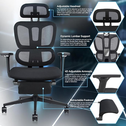 Ergonomic Mesh Office Chair with Retractable Footrest - High Back Computer Chair with Lumbar Support, Adjustable Armrests and Headrest - Adult Multifunctional Home Office Chair, Black