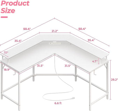 Huuger L Shaped Gaming Desk with Power Outlets & LED Lights, Computer Desk with Monitor Shelves, Carbon Fiber Surface, Home Office Desk, Corner Gaming Desk with Hooks, Carbon Fiber White