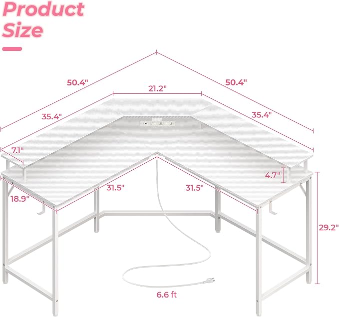 Huuger L Shaped Gaming Desk with Power Outlets & LED Lights, Computer Desk with Monitor Shelves, Carbon Fiber Surface, Home Office Desk, Corner Gaming Desk with Hooks, Carbon Fiber Pink