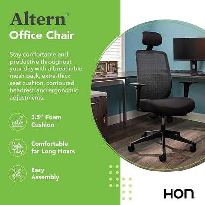 HON Altern Ergonomic Office Chair with Headrest, Mid‑Back Mesh Desk Chair, Adjustable Arms, Seat Slide, Synchro‑Tilt, Rolling Computer Seat for Home Office, Black Frame, Black