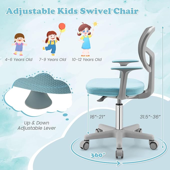 Giantex Kids Desk Chair, Ergonomic Adjustable Teen Task Chair w/Y-Shaped Lumbar Support, Armrest & Universal Wheels, Mesh Kid Office Chair for Sturdy, Kids Computer Chair for Boys & Girls 4-12, Blue