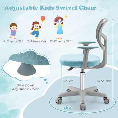 Giantex Kids Desk Chair, Ergonomic Adjustable Teen Task Chair w/Y-Shaped Lumbar Support, Armrest & Universal Wheels, Mesh Kid Office Chair for Sturdy, Kids Computer Chair for Boys & Girls 4-12, Blue
