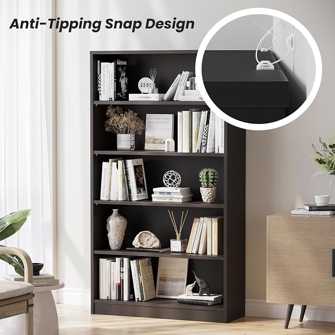 Farini 60 Inch Tall Bookcase,5 Shelf Bookshelves,Adjustable Bookshelf for Home Office,Black
