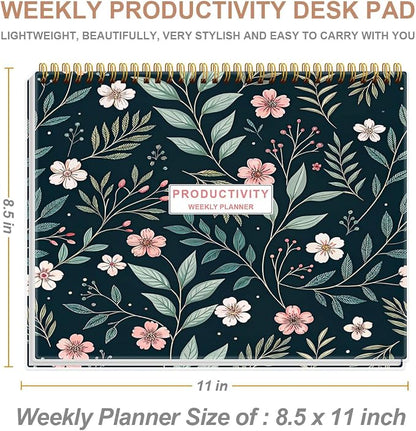 Weekly Productivity Planner - 8.5" x 11" Dashboard Desk Notepad Has 6 Focus Areas to List Tasks for Goals, Projects, Clients, Academic or Meal-Organize Your Daily Work Efficiently, 54 Weeks, Flower-D