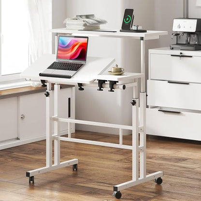 soges 31.5-inch Mobile Laptop Sit-Stand Desk, Height Adjustable Standing Tiltable Top Desk, Stand Up Computer Desk for Home Office, Small Rolling Desk for Small Space, White