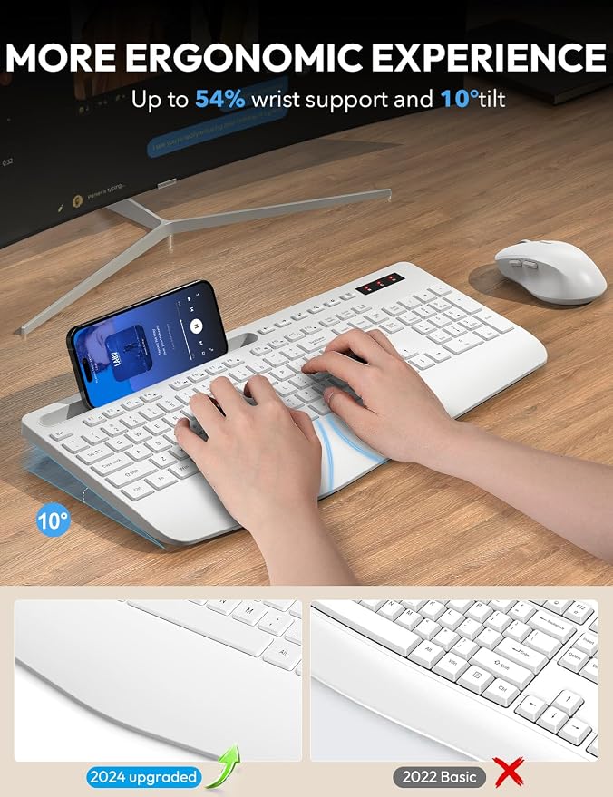 Wireless Keyboard and Mouse Combo - Full Size Ergonomic Wrist Rest, Silent Typing, Phone Holder, 2.4 GHz, 3 Level DPI, Batteries Powered, KM23D Set Compatible with PC, Laptop, Windows, macOS -SABLUTE