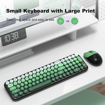 Wireless Keyboard and Mouse Combo, MOWUX Compact Typewriter Retro Round Computer Keyboard, Cute Optical Mouse Wireless, Plug and Play, for Laptop, PC, Computer- Black Green Gradient