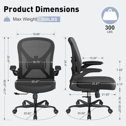 Ergonomic Office Chair with Adjustable Lumbar Support, 300 lbs Swivel Desk Chair with Flip-Up Arms, Mesh Comfy Padded Seat for Computer and Home, Black