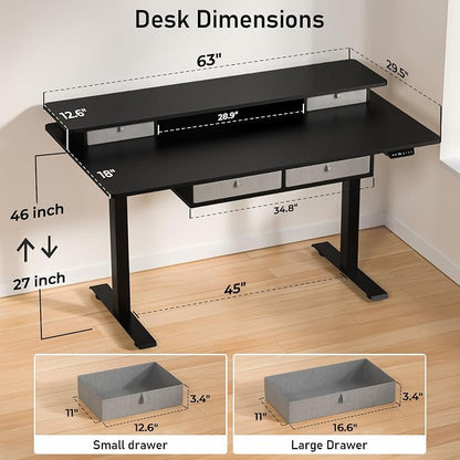 Electric Standing Desk with 4 Drawers, 63 * 30 Inches Extra Large Desktop, Electric Desk Adjustable Height with Storage, Home Office Workstation (Classical Black)
