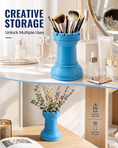 Chess Rook Pen Holder, 3D Printed Chess Piece Desk Organizer for Home Office Decor, Black (Blue)