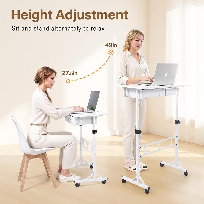 Small Standing Desk for Walking Pad with Drawers, 27.6"-49.2" Adjustable Folding Standing Desk, 32in Portable Standing Desk on Wheels, Rolling Desk for Home/Classroom/Office, White