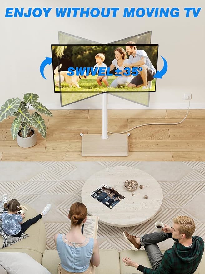 Rfiver Swivel Floor TV Stand with Power Outlet for 32-65 inch TVs, Height Adjustable Tall TV Stand with Wood Base, Hold Up to 88lbs, Saving Space Design for Bedroom, Living Room and Corner (White)