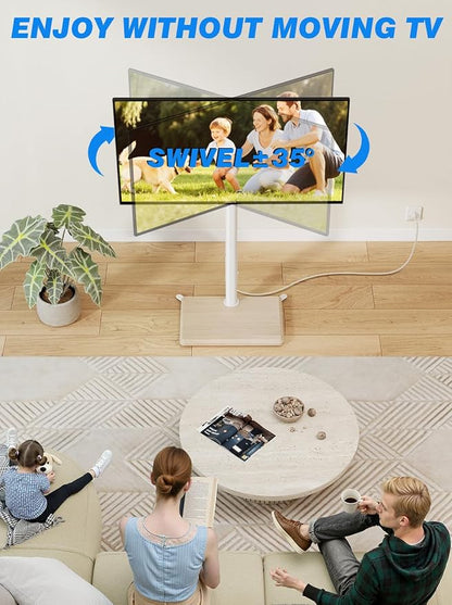 Rfiver Swivel Floor TV Stand with Power Outlet for 32-65 inch TVs, Height Adjustable Tall TV Stand with Wood Base, Hold Up to 88lbs, Saving Space Design for Bedroom, Living Room and Corner (White)