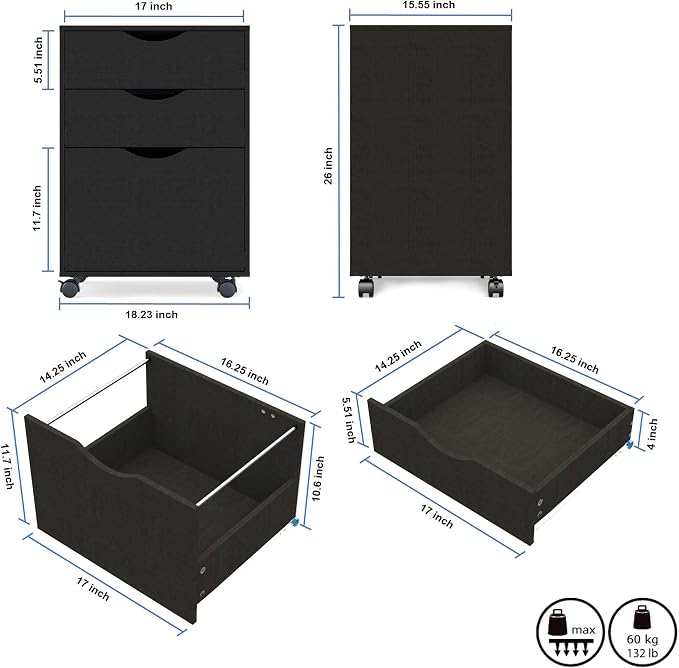 QDSSDECO 3 Drawer Mobile File Cabinet, Rolling Vertical Filing Cabinet fits A4, Legal Paper and Letter Paper for Home Office, Black