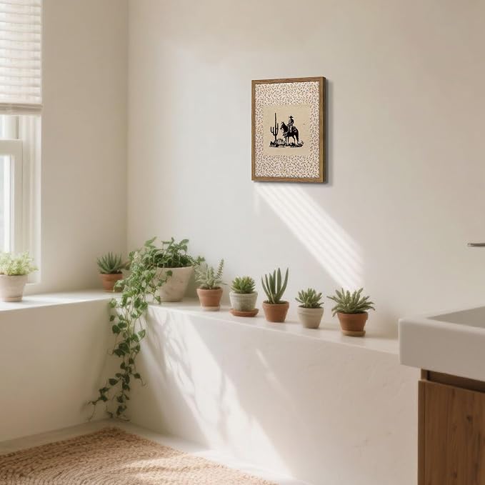 Western Cowboy Wall Art - Framed Canvas Cactus Poster for Living Room & Entryway, Vintage Horse Silhouette in Wood Frame, Rustic Floral Border Print, Farmhouse Decor 12x16 inch