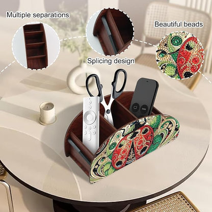 DIY Diamond Painting Storage Box, Red Ladybug Handmade 5D Diamond Art Case Multi-Compartment Wooden Desktop Organizer Holder for TV AC Remotes Makeup Brushes Pens Tabletop Craft Storage