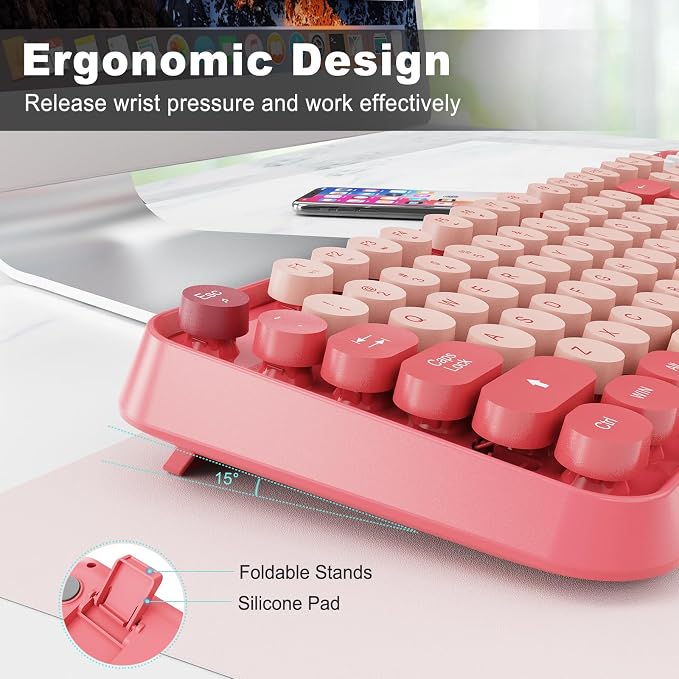 Wireless Keyboard and Mouse Combo - Cute Colorful Keyboard and Mouse, Retro Typewriter Keyboard with 2.4GHz Plug & Play, for Windows 11/10/7, Laptop, PC (Hot Pink)
