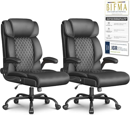 Office Chair-Executive High Back Breathable Big and Tall Office Chair Flip-up Armrests Lumbar Support-Ergonomic Leather Rolling Swivel Chair with Rock Function for Working Studying Gaming,2 Pack
