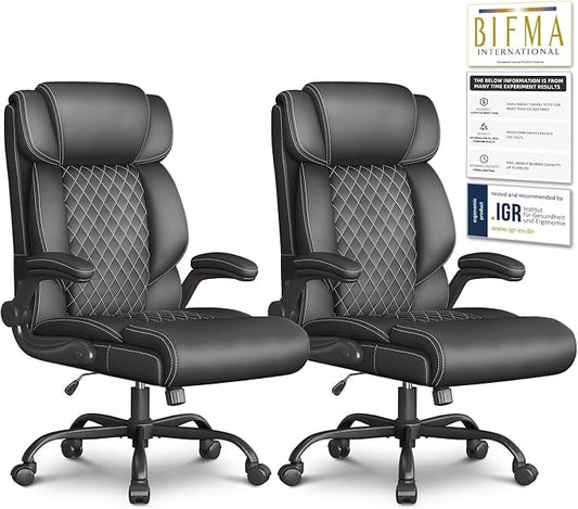 Office Chair-Executive High Back Breathable Big and Tall Office Chair Flip-up Armrests Lumbar Support-Ergonomic Leather Rolling Swivel Chair with Rock Function for Working Studying Gaming,2 Pack
