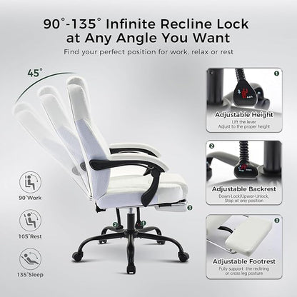 amseatec Office Chair, Big and Tall Office Chair with Foot Rest Ergonomic Chair Home Office Desk Chairs Reclining High Back Leather Chair with Lumbar Support(White)