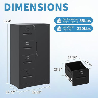 Filing Cabinets with Locks, 4 Drawers Cabinets Storage Units for Home Office, Black File Cabinet for Hanging File Folders Letter/Legal/A4/F4 Size (Easy Assemble)