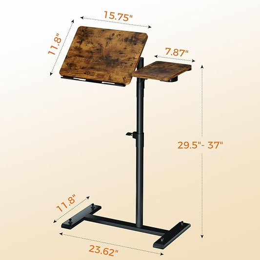 Aothia Small Standing Desk Rolling Table Adjustable Height, Laptop Mobile Stand with Wheels, Overbed Table, Portable Computer Workstation with Tiltable Desktop for Teacher Classroom Home Office, Brown
