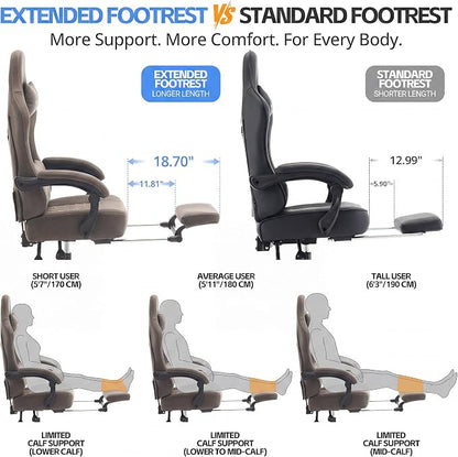 Desk Computer Gaming Chair - Ergonomic Game Office Chair with Extended Footrest and Massage Lumbar Support, Home Gamer Video Game Chairs with Spring Cushion for Adults (Pro Grey Leather)