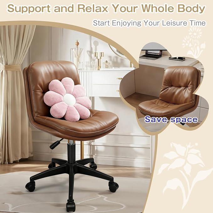 Small Office Desk Chair, PU Leather Armless Swivel Chair with Lumbar Pillow, Height Adjustable Task Chair for Small Spaces, Bedroom & Vanity Brown