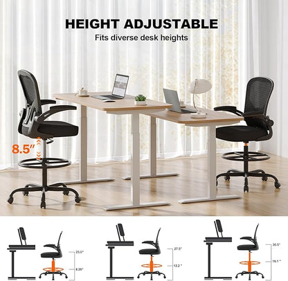 Synorla Ergonomic Drafting Chair, Tall Office Chair with Flip-up Armrests, Breathable Mesh High Desk Chair with Lumbar Support Adjustable Footrest Ring for Standing Desk Black
