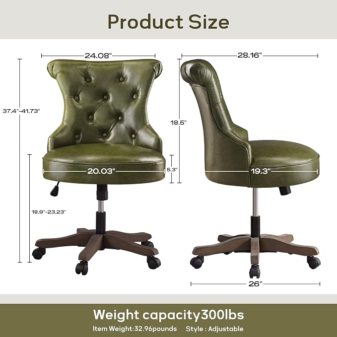HUIMO Home Office Chair Upholstered Armless PU Leather Desk Chair with Wheels Adjustable Height Computer Desk Chair with Wooden Legs Comfortable Swivel Chair for Study Studio (Dark Green)