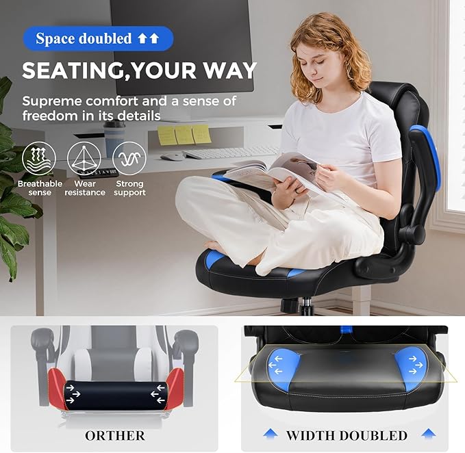 COMHOMA Office Computer Gaming Chair Ergonomic Desk Chair for Adults with Lumbar Support Flip-Up Arms Adjustable Height Swivel Wheels PU Leather Executive Design for Short People Use, Blue