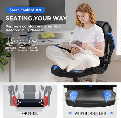 COMHOMA Office Computer Gaming Chair Ergonomic Desk Chair for Adults with Lumbar Support Flip-Up Arms Adjustable Height Swivel Wheels PU Leather Executive Design for Short People Use, Blue