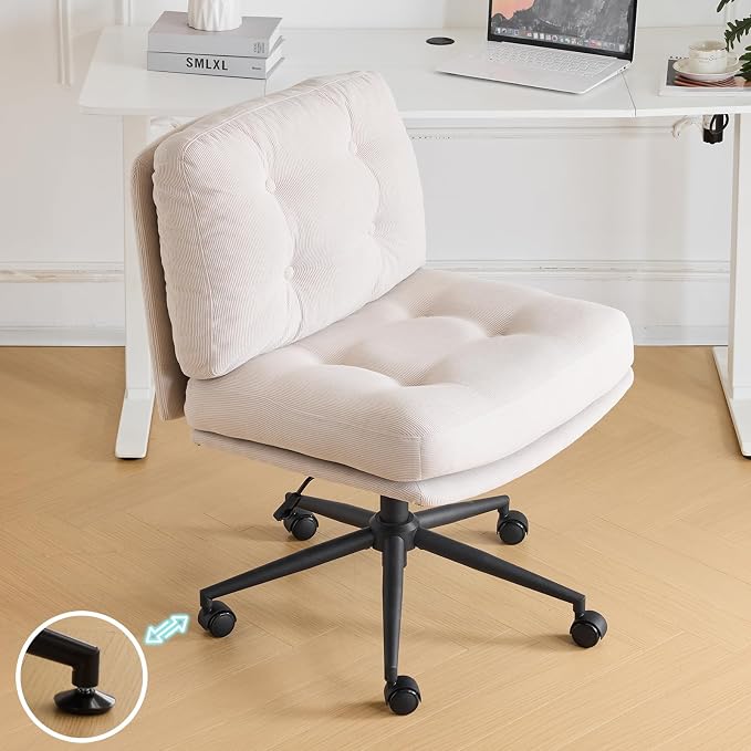 VINGLI Criss Cross Cloud Seat,Comfy Corduroy Cross Legged Office Desk Chair with/no Wheels,Cute Vanity Stool, Adjustable Wide Seat,Modern Swivel Perch for Study, Make Up, Home Office，Light Khaki