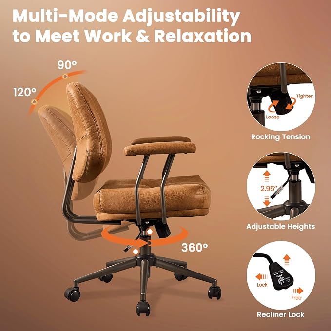Leather Home Office Chair, Mid Back Ergonomic Desk Chair with Lumbar Support, Mid Century Modern Deep Seat Swivel Rocking Computer Chair, Brown