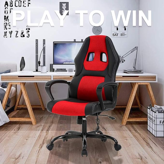 Gaming Chair Ergonomic Office Chair Racing Desk Chair Massage PU Leather Adjustable Chair with Lumbar Support Headrest Armrest Task Rolling Swivel Computer Chair for Adults(Red)