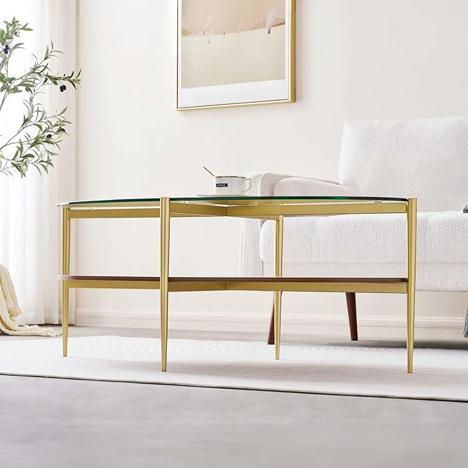 LumFurn Oval Glass Coffee Table, Mid-Century Modern Design, L43 x W22 x H17 inch, 2-Tier Structure, Olive Shaped Clear Glass Top and Walnut Finish Wood Shelf, Tapered Legs with Gold Finish Frame